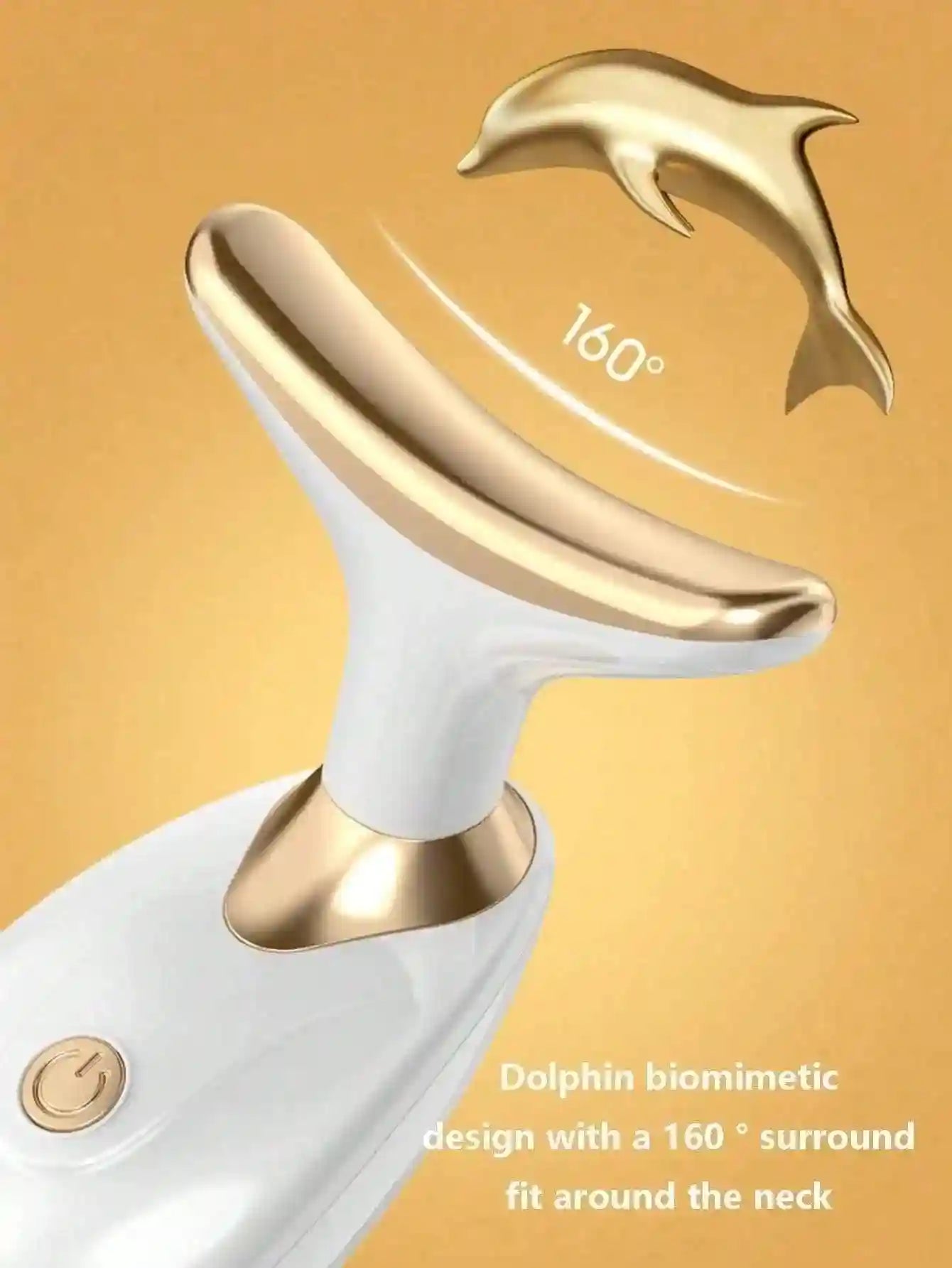 White and gold facial massager with a dolphin-shaped head designed for a 160-degree neck fit.