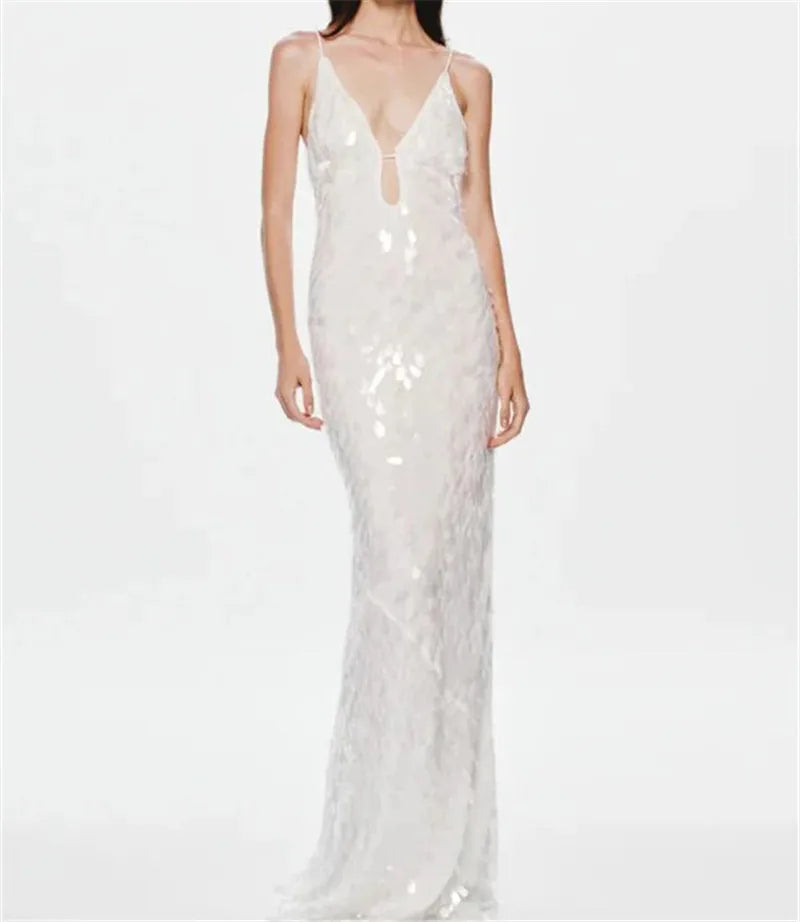 Glitter Sequins Spaghetti Straps Women's Evening Long Maxi Dress Sleeveless Backless High Waist Sexy Lady Birthday Party Gown