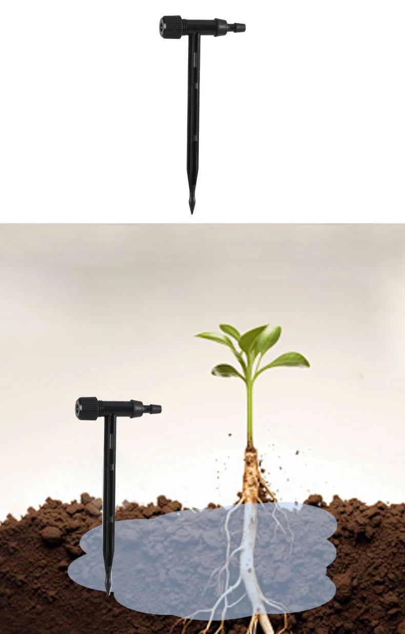 Black stake-style micro dripper inserts into soil with steady drip outlet and connector