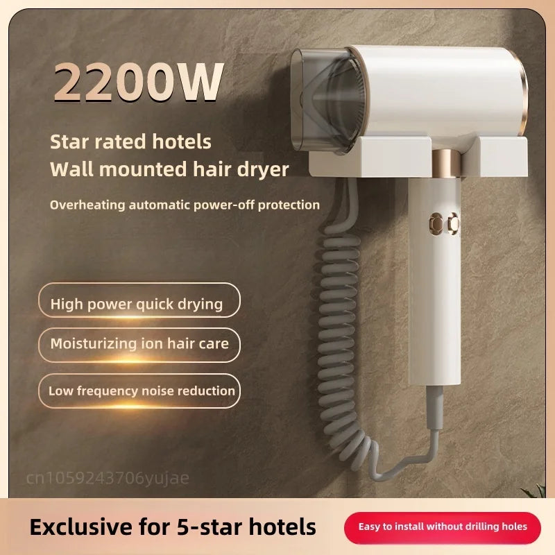 White wall-mounted 2200W hair dryer with concentrator nozzle, no-drill mount, and silent ionic technology for home.