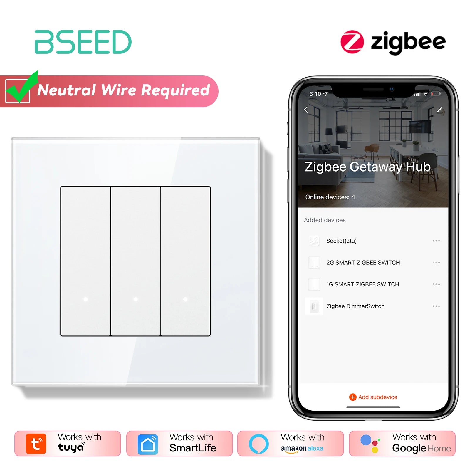 Zigbee Smart Light Switch Glass Panel - App-Controlled Automation Zigbee 3Gang Sockets No Zigbee Tidesmit