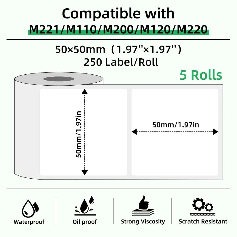 White coreless thermal label paper roll, 50x50mm size diagram for 5 rolls.