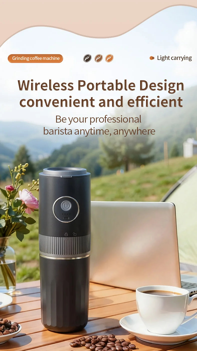 Black portable wireless coffee grinder and maker for travel, outdoors, and camping with USB charging.