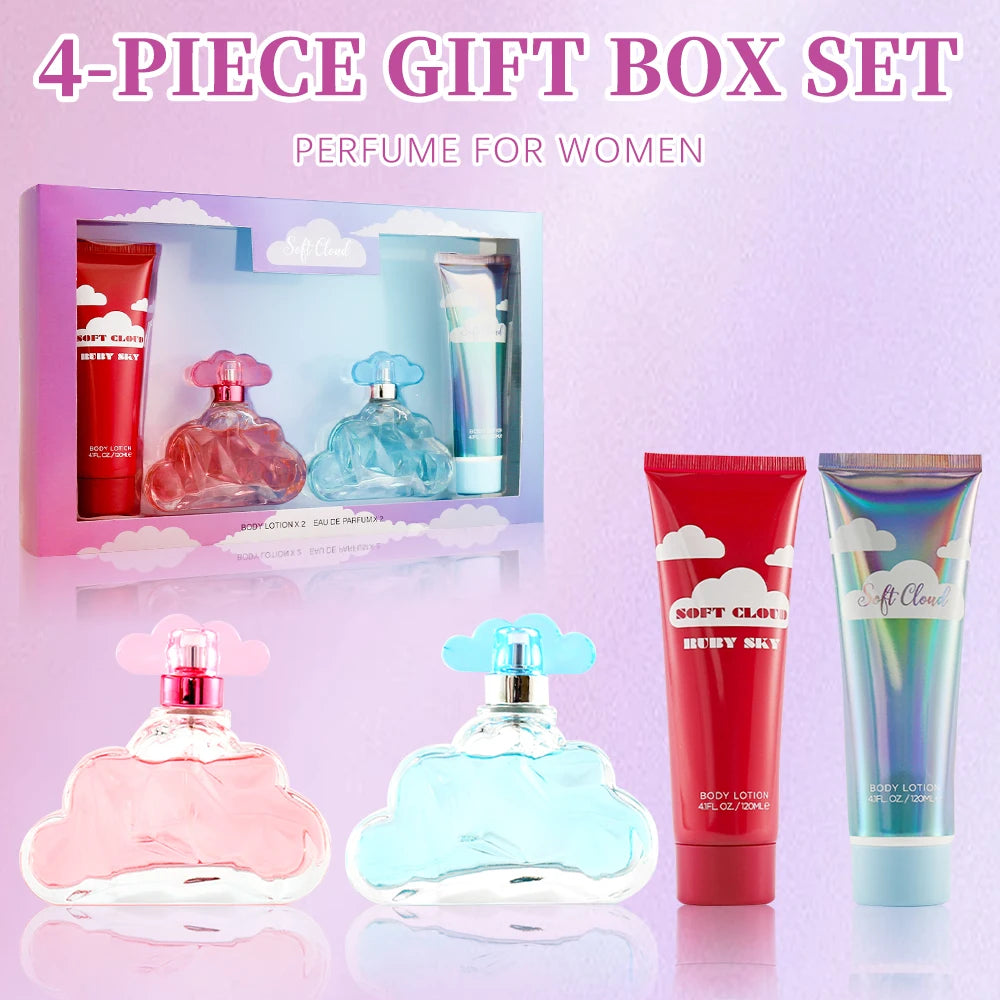 Soft Cloud women's 3.4oz EDT gift set. Cloud-shaped bottles with lavender, bergamot, pear. Long-lasting daily fragrance.
