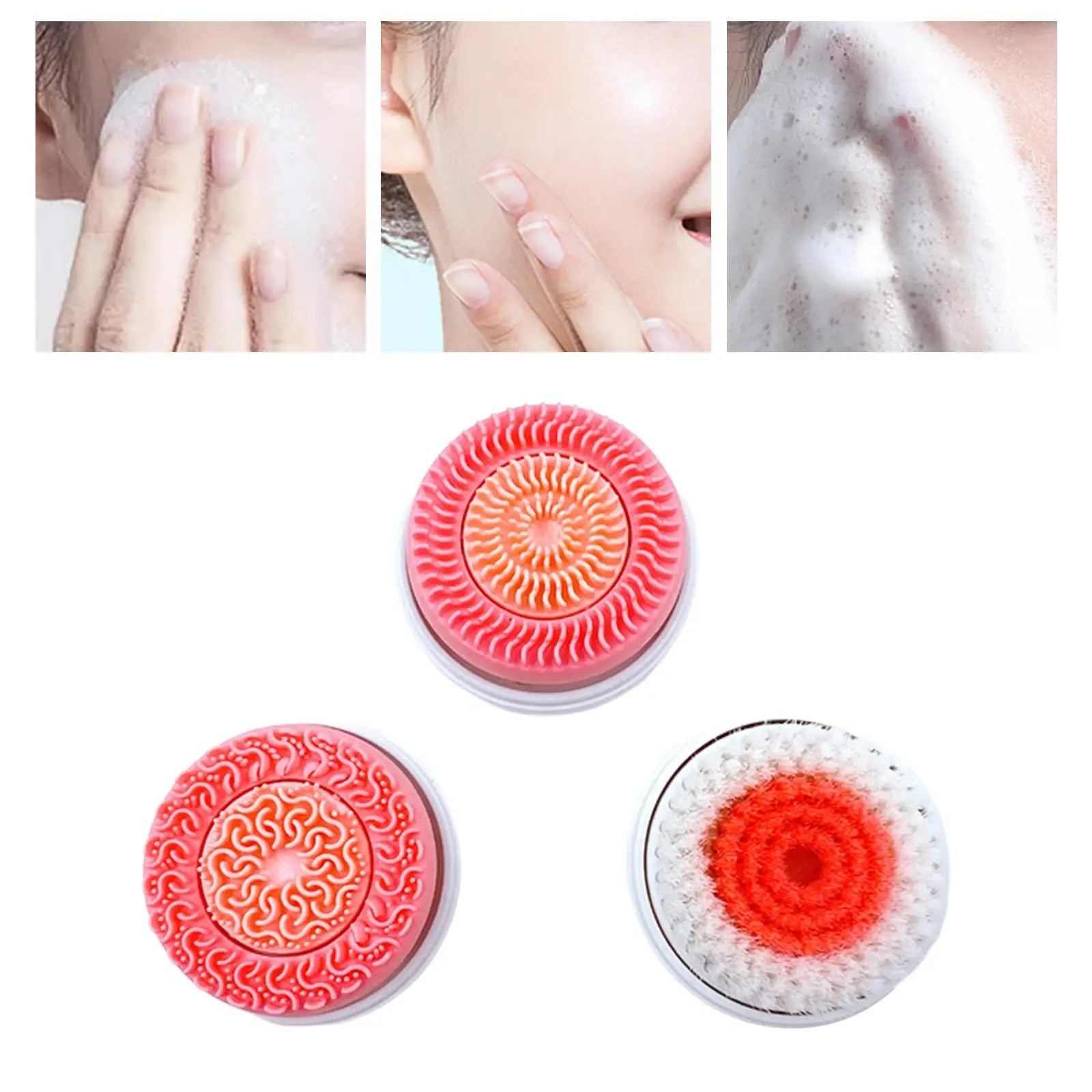 Three circular facial cleansing brush heads: two silicone exfoliating types and one with soft white bristles.