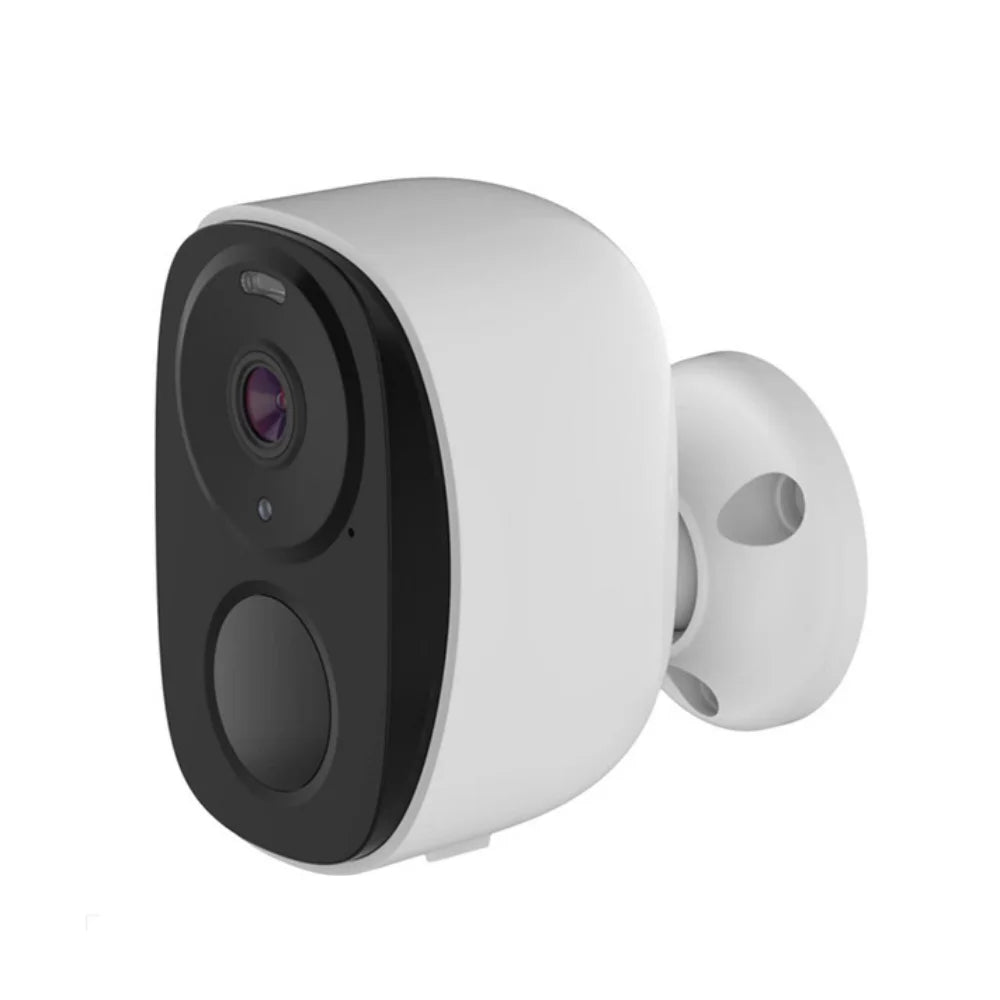 Close-up wireless outdoor security camera in white with black front, dual lens and speaker