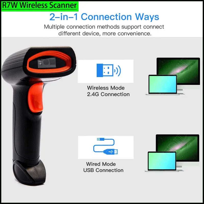 Handheld QR Code Scanner 1D 2D Wired Barcode Scanner or Wireless Bar code Scanner or Bluetooth Code Reader for PDF417 DataMatrix
