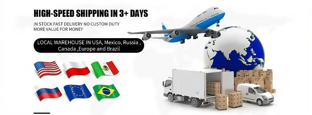 Fast shipping graphic for EMS body sculpt and inner ball roller machine with worldwide delivery via air and ground.