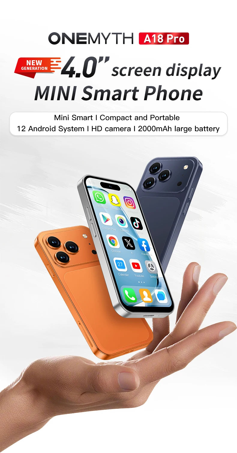 ONEMYTH A18 Pro 4G mini smartphone: 4-inch display, orange and blue models held in hand, triple camera, Android 12.