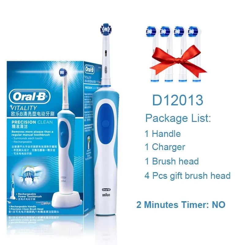 Tidesmit Oral B Vitality electric toothbrush with inductive charging and bonus brush head, side view of handle.