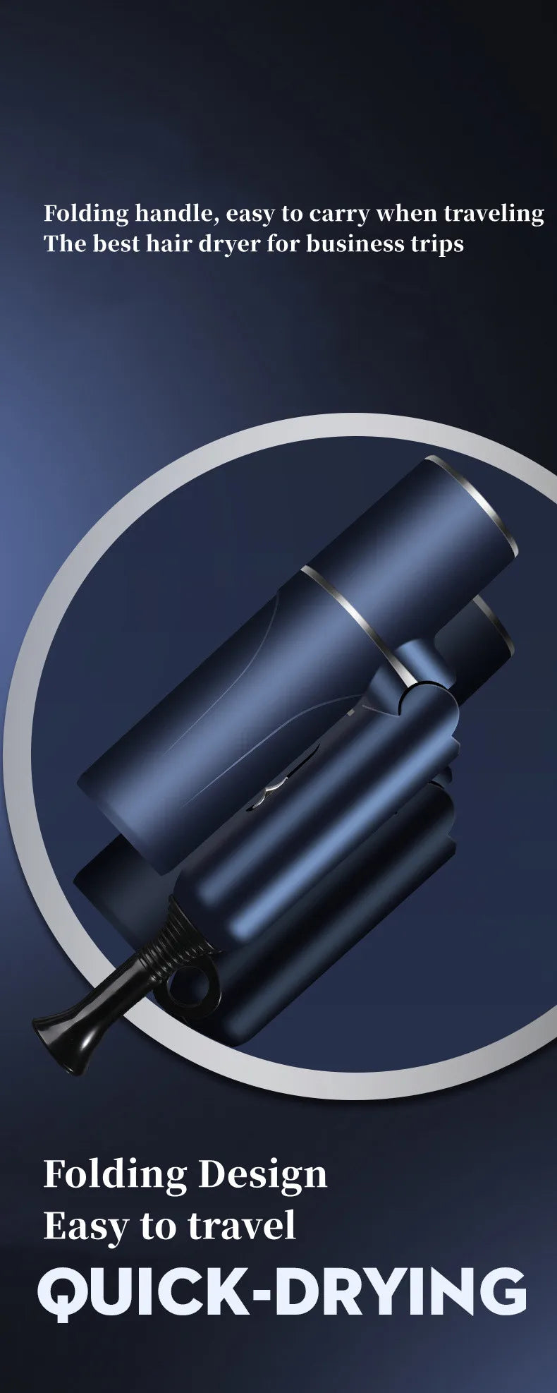 Foldable blue 1200W ionic travel hair dryer with nozzle attachment for fast, salon-quality quick drying.