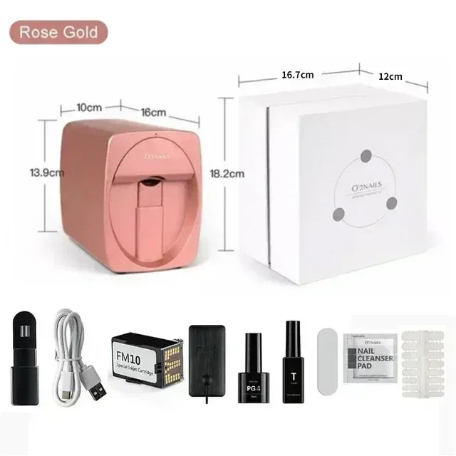 Rose gold portable smart nail printer kit with dimensions, ink cartridge, accessories, and power cables for home use.