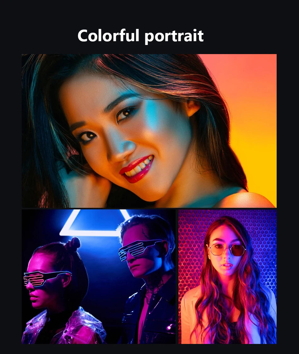 LED shutter glasses with thin white light bars, worn by people in vibrant, colorful neon-lit portraits.