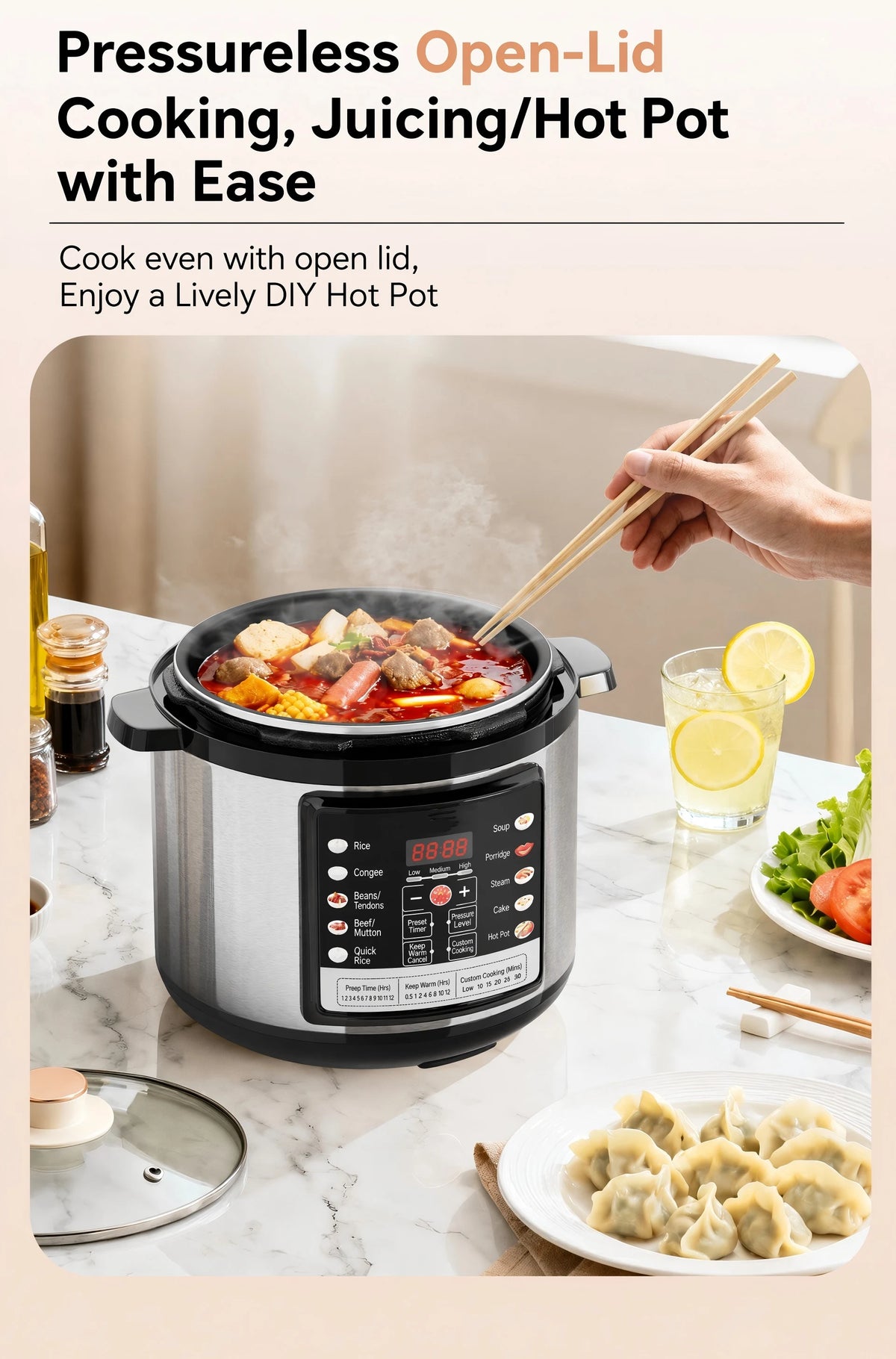 Black electric open-lid pressure cooker on kitchen counter with control panel