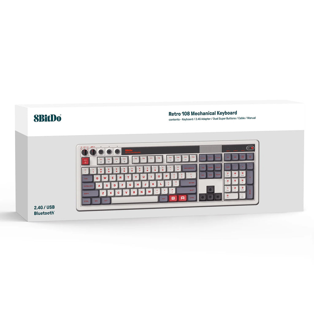 8BitDo Retro 108 Key Mechanical Keyboard，Bluetooth / 2.4G / USB-C Hot Swappable Gaming Keyboard for PC Windows and Android