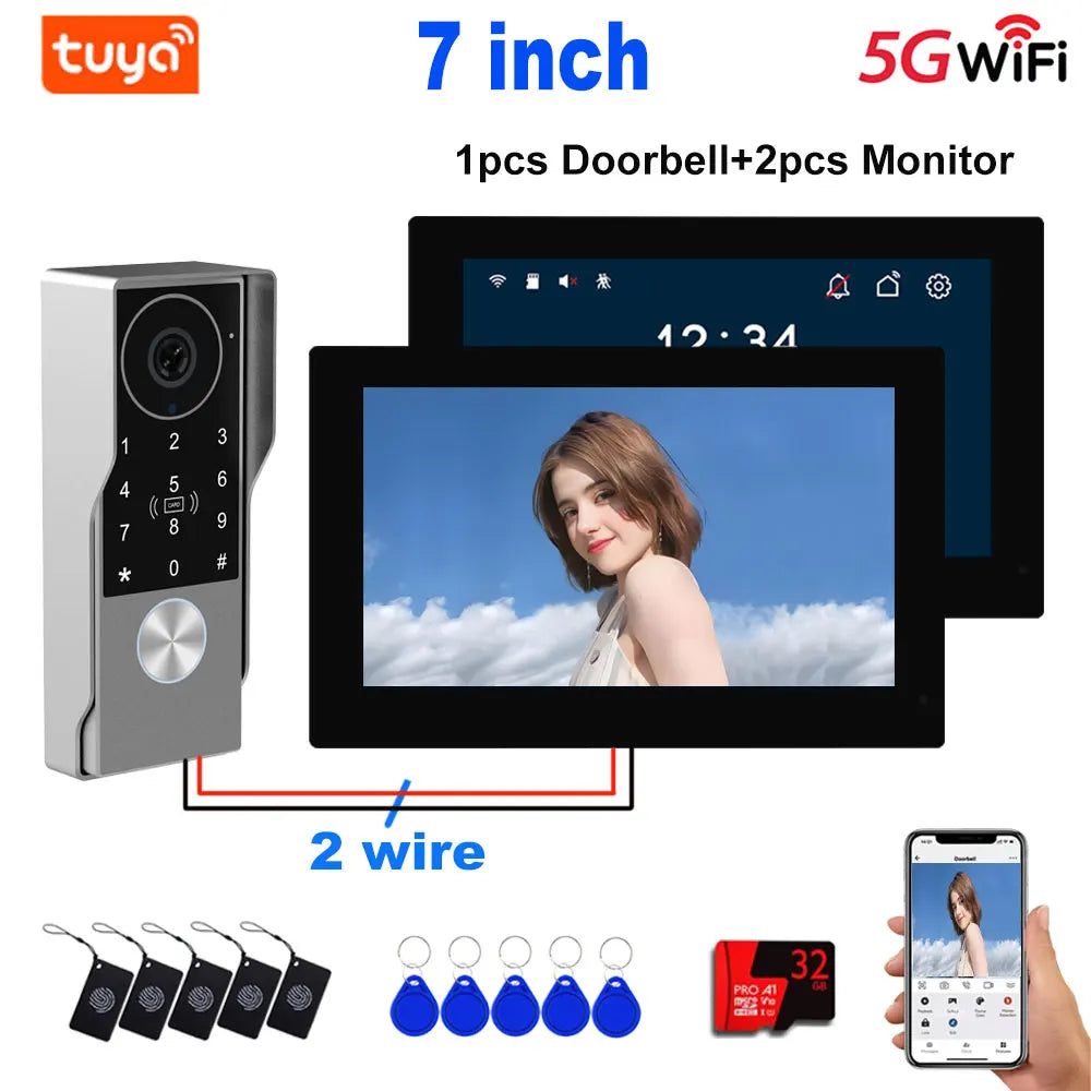 2Wire Tuya Smart Video Intercom Doorbell 5G WiFi 7/10inch Touch Screen 1080P Metal Outdoor Camera Doorphone Password 5in1 Unlock