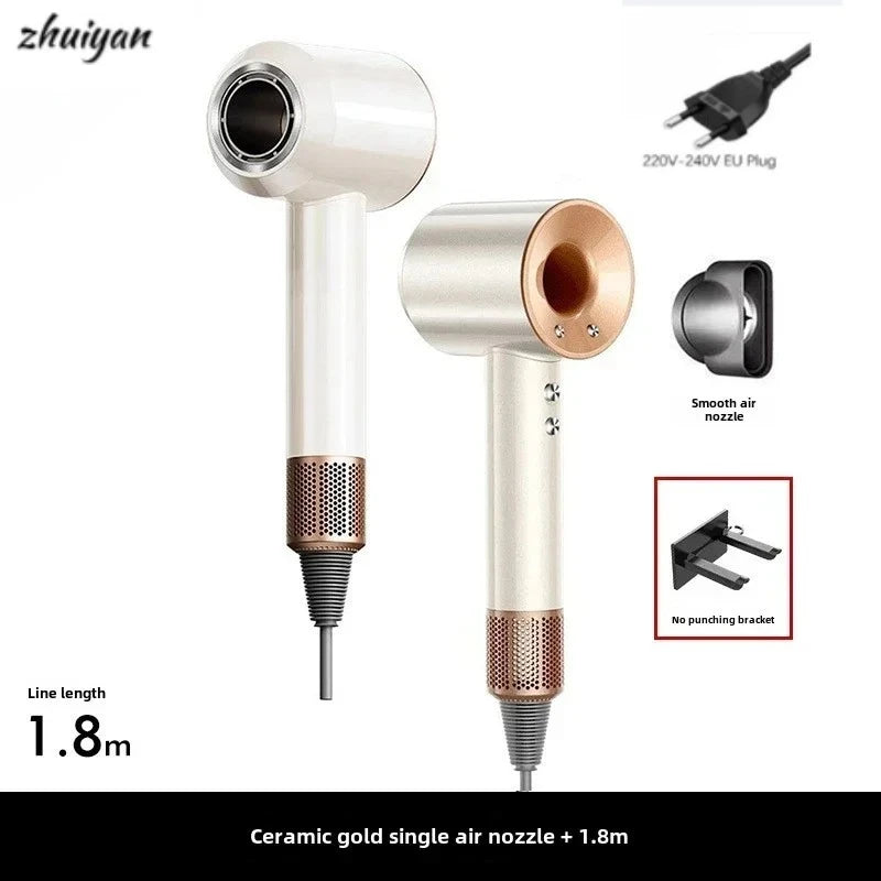 White and gold leafless negative ion hair dryer with wall-mounted bracket, nozzle attachment, and 1.8m cord.