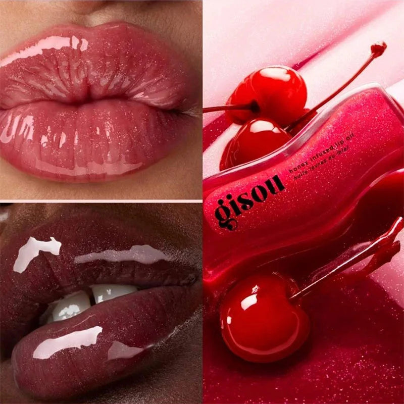 Gisou Glazed Plum honey infused lip oil with a high-shine, plumping, sheer glossy finish and cherry accents.