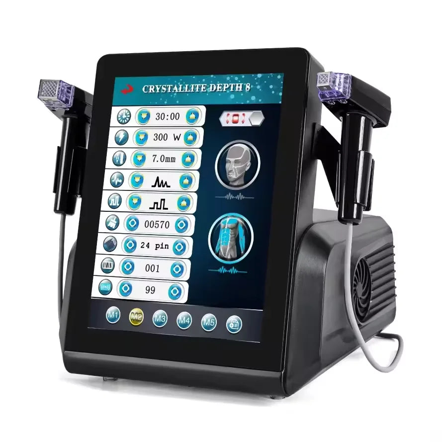 Multifunctional 3-in-1 crystallite beauty machine with touchscreen for facial firming and fine line treatment.