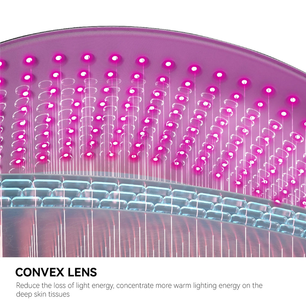 Close-up of a light therapy mask showing a purple surface with an array of glowing red LED convex lenses.