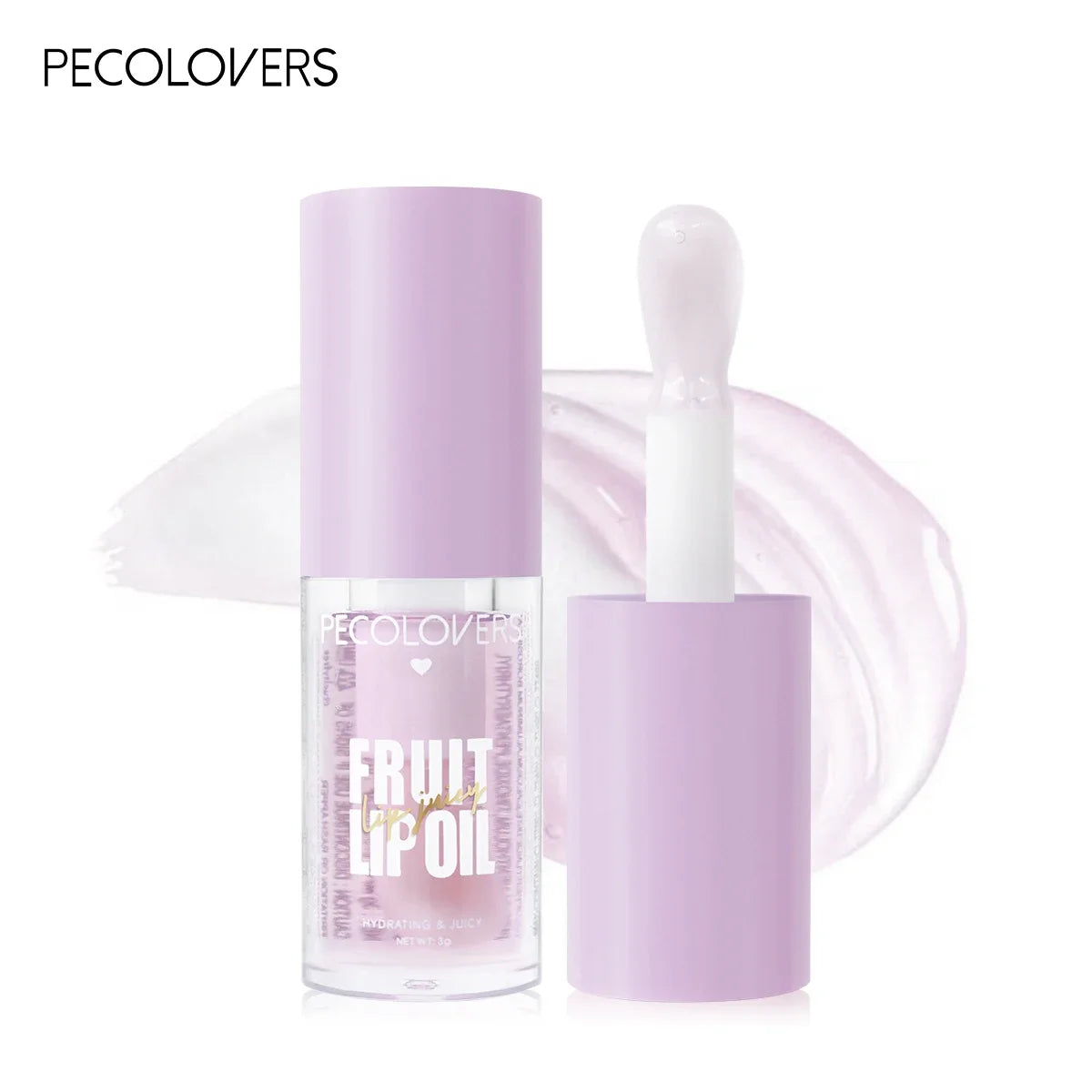 Transparent plumping lip oil with purple cap and applicator. Hydrating fruit-flavored crystal jelly lip gloss makeup.
