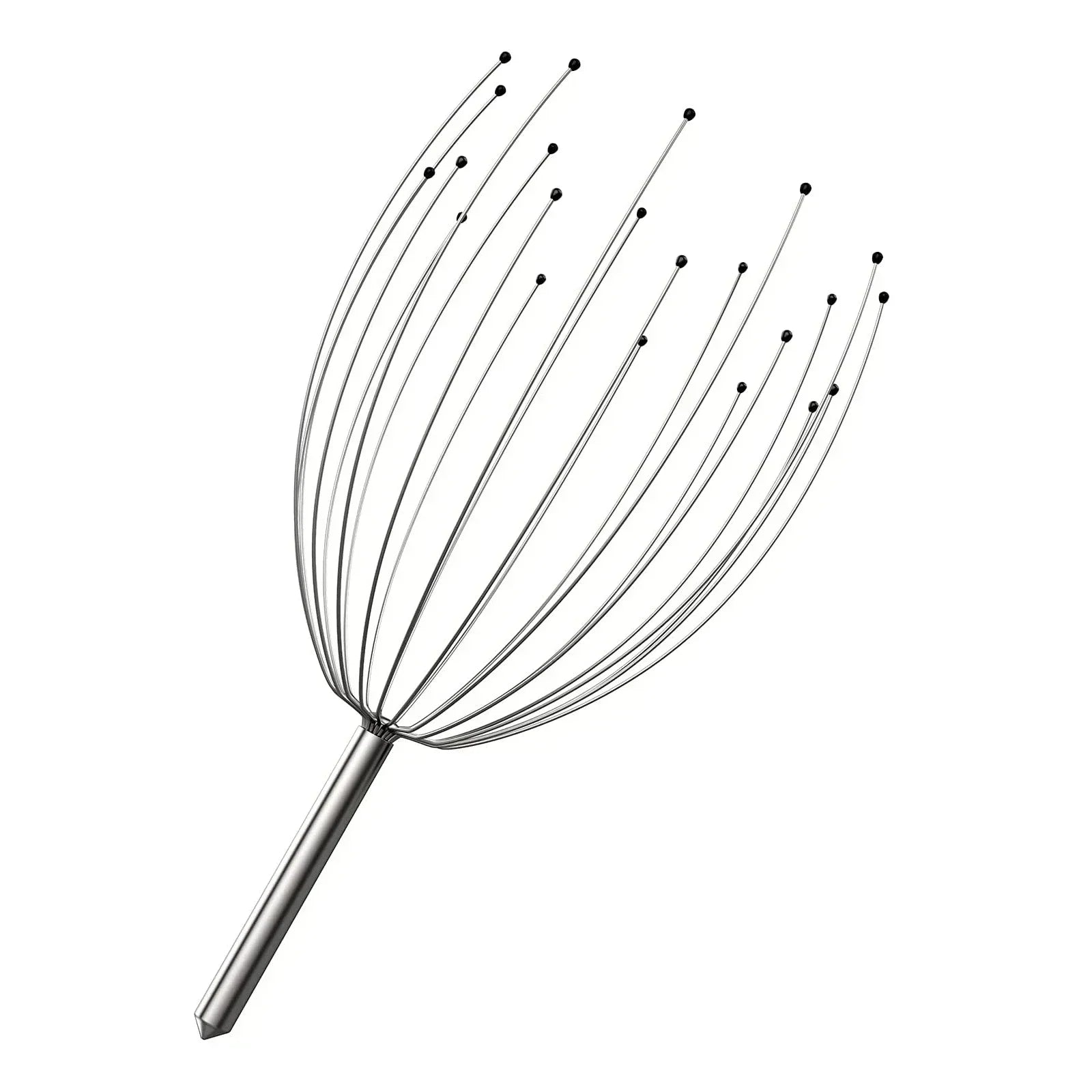 Silver 24-finger octopus head massager with metal handle and smooth tips for scalp scratching and relaxation.