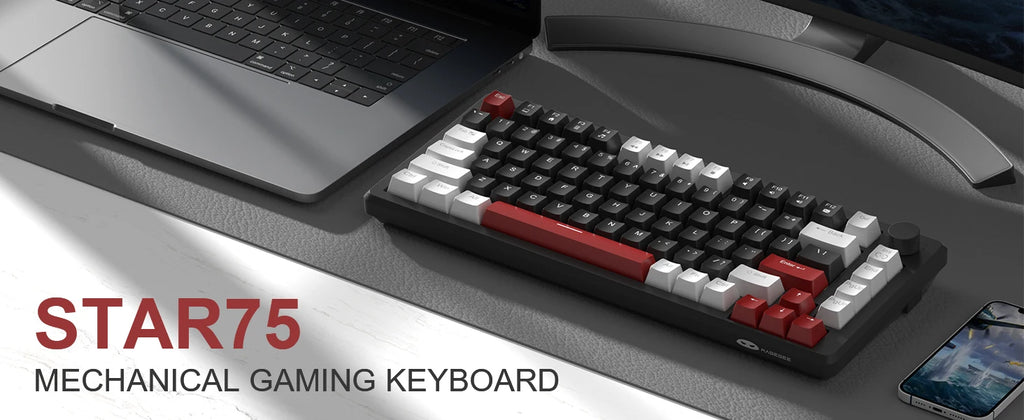 MageGee 75% Mechanical Gaming Keyboard with Knob Control, Blue Backlit Wired Gaming Keyboard Red/Yellow Switch for PC Windows