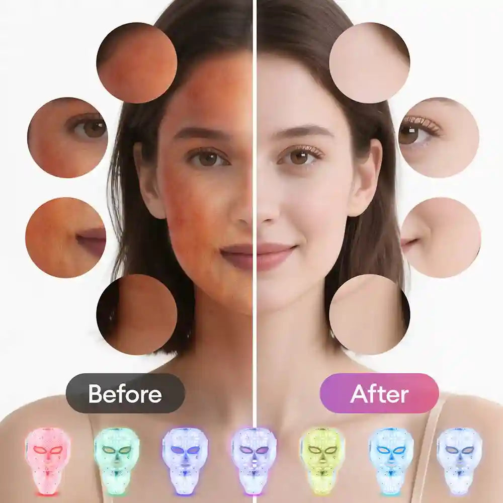 7 Color LED Facial Mask with Neck Light for Skin Rejuvenation Therapy Massage Cushion Tidesmit