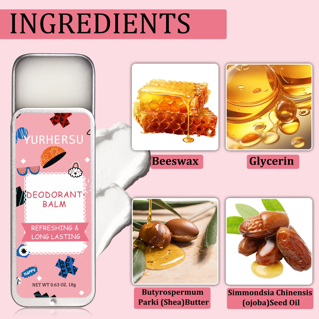 Yurhersu deodorant lip balm in a metallic tin with white creamy texture and natural ingredients like beeswax and oil.