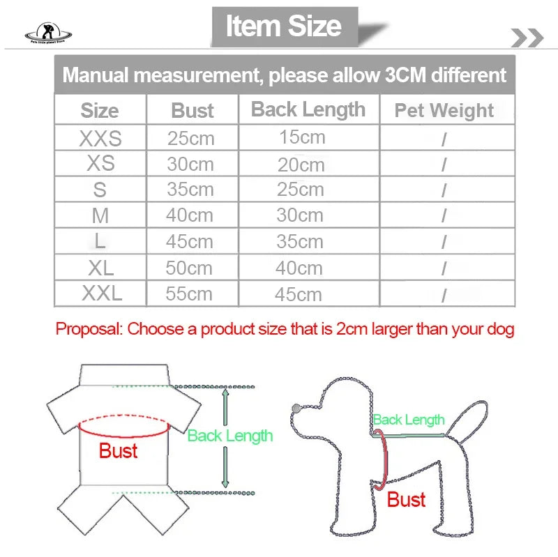 Size chart for cartoon summer dog vests and cat clothes. Find the perfect fit for small dog breeds like Chihuahuas.