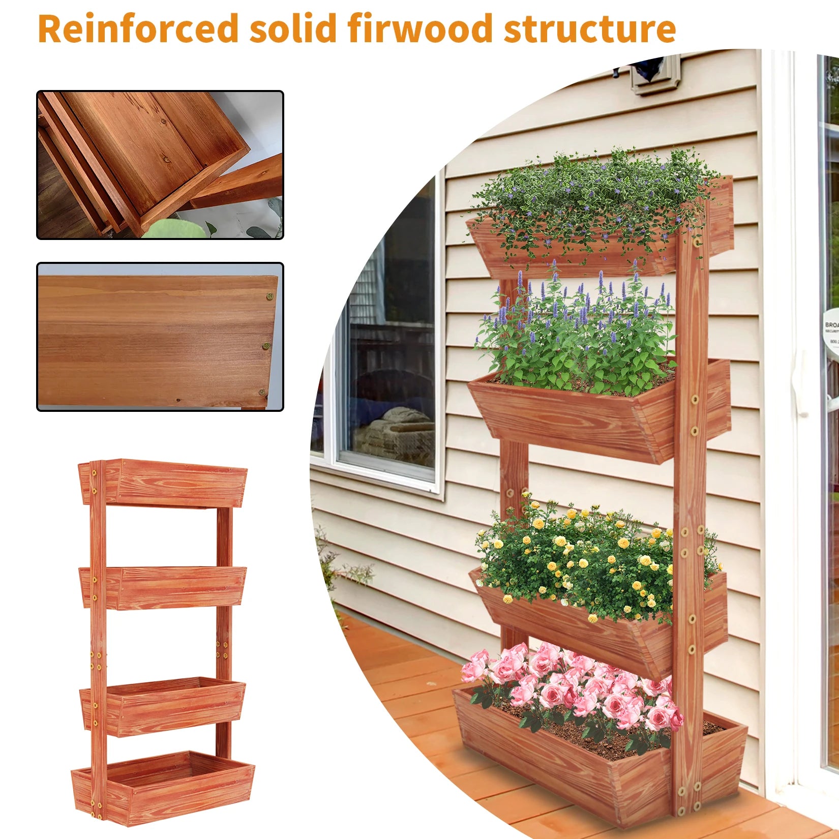 Reddish brown 4-tier vertical raised wooden planter box with reinforced solid wood structure