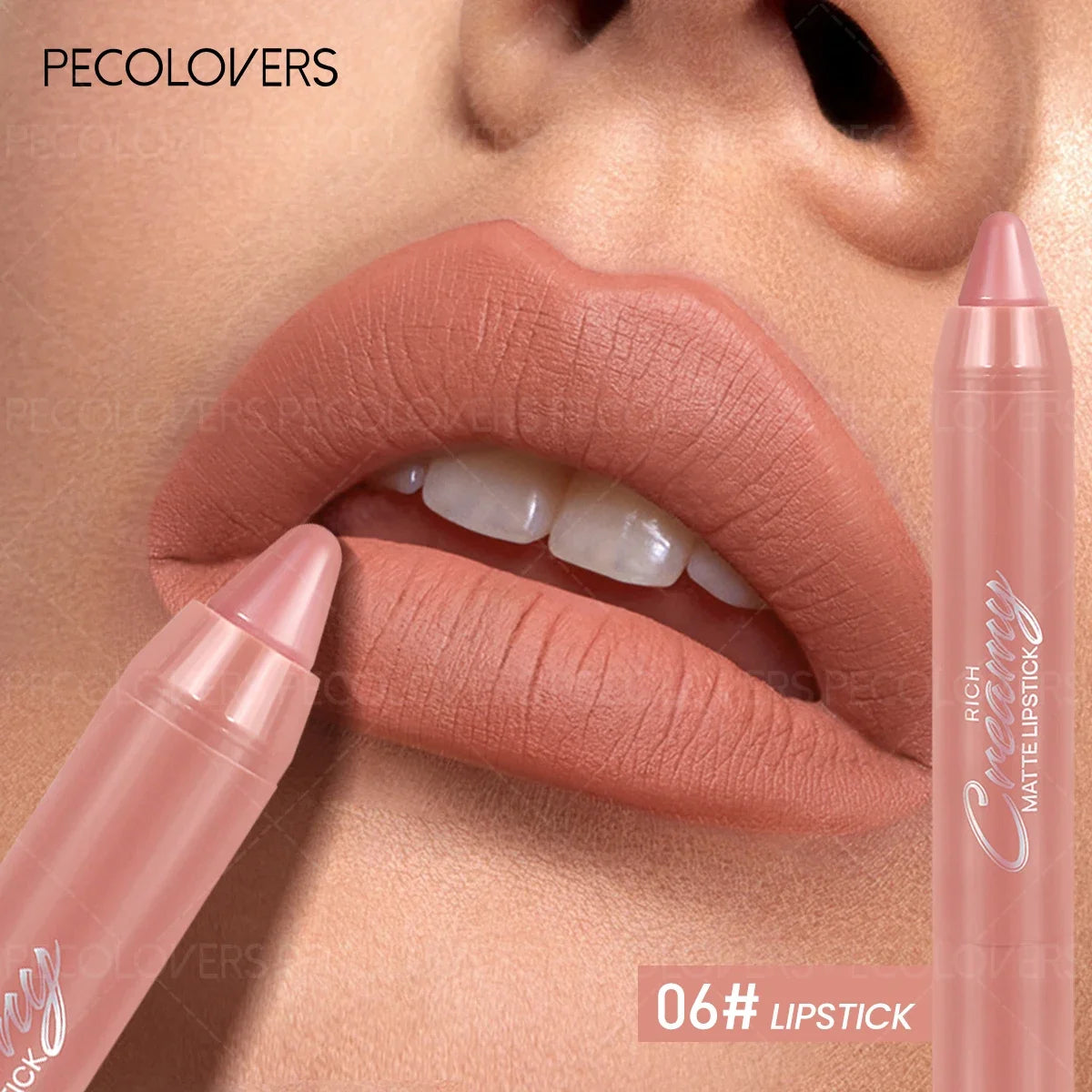 Soft matte nude lip crayon pencil applied on lips, providing a moisturizing creamy finish for everyday makeup.