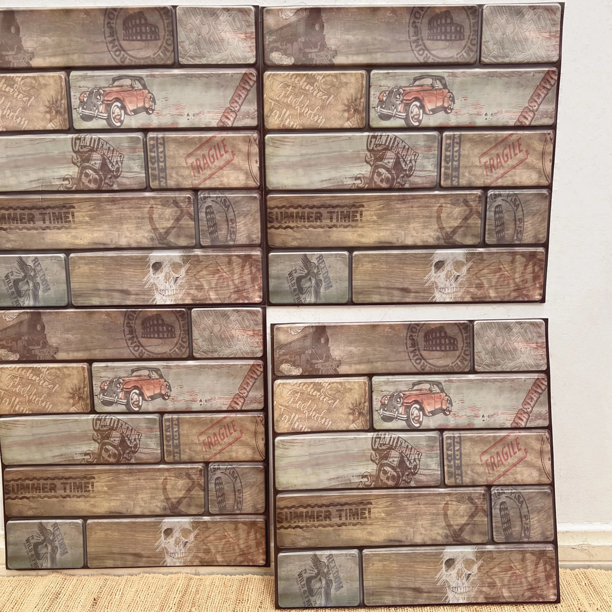 Peel-and-stick woodgrain backsplash tiles with vintage truck and lettering graphic