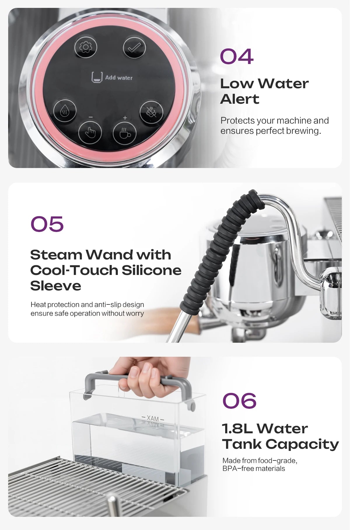 Stainless steel espresso machine features digital display, cool-touch steam wand, and 1.8L BPA-free water tank.