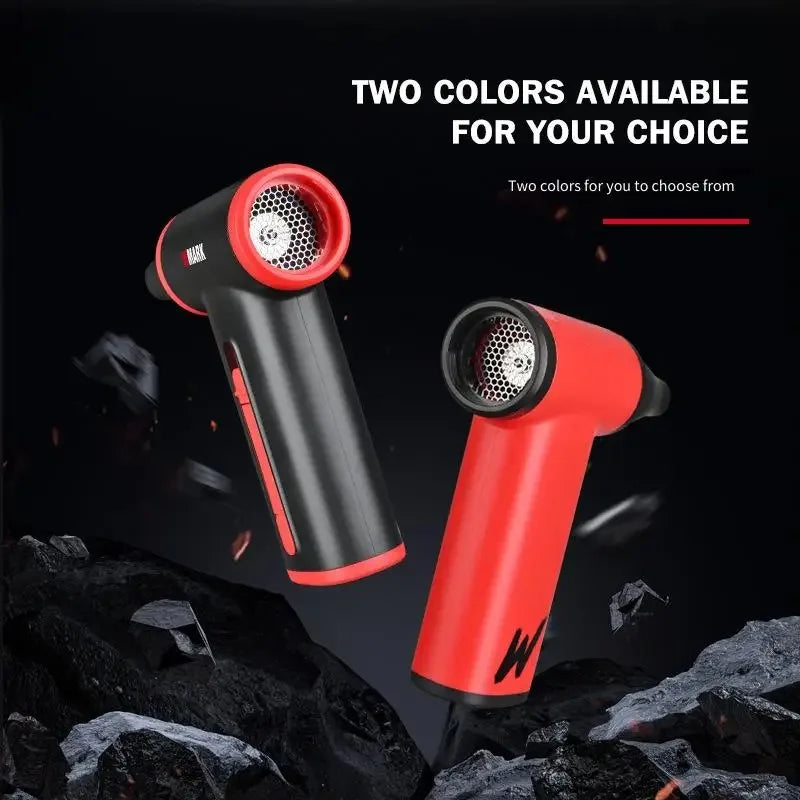 WMARK NG-TB001 130000RPM brushless turbo jet fan and hair dryer in black and red with nozzle attachment design.