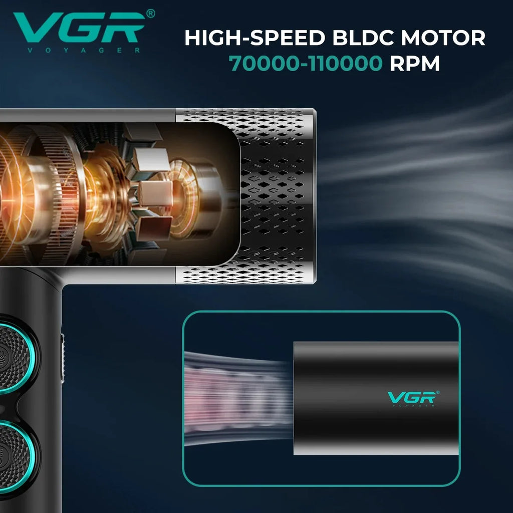 VGR V-401 leafless hair dryer with high-speed 110,000 RPM BLDC motor, sleek black professional salon design.