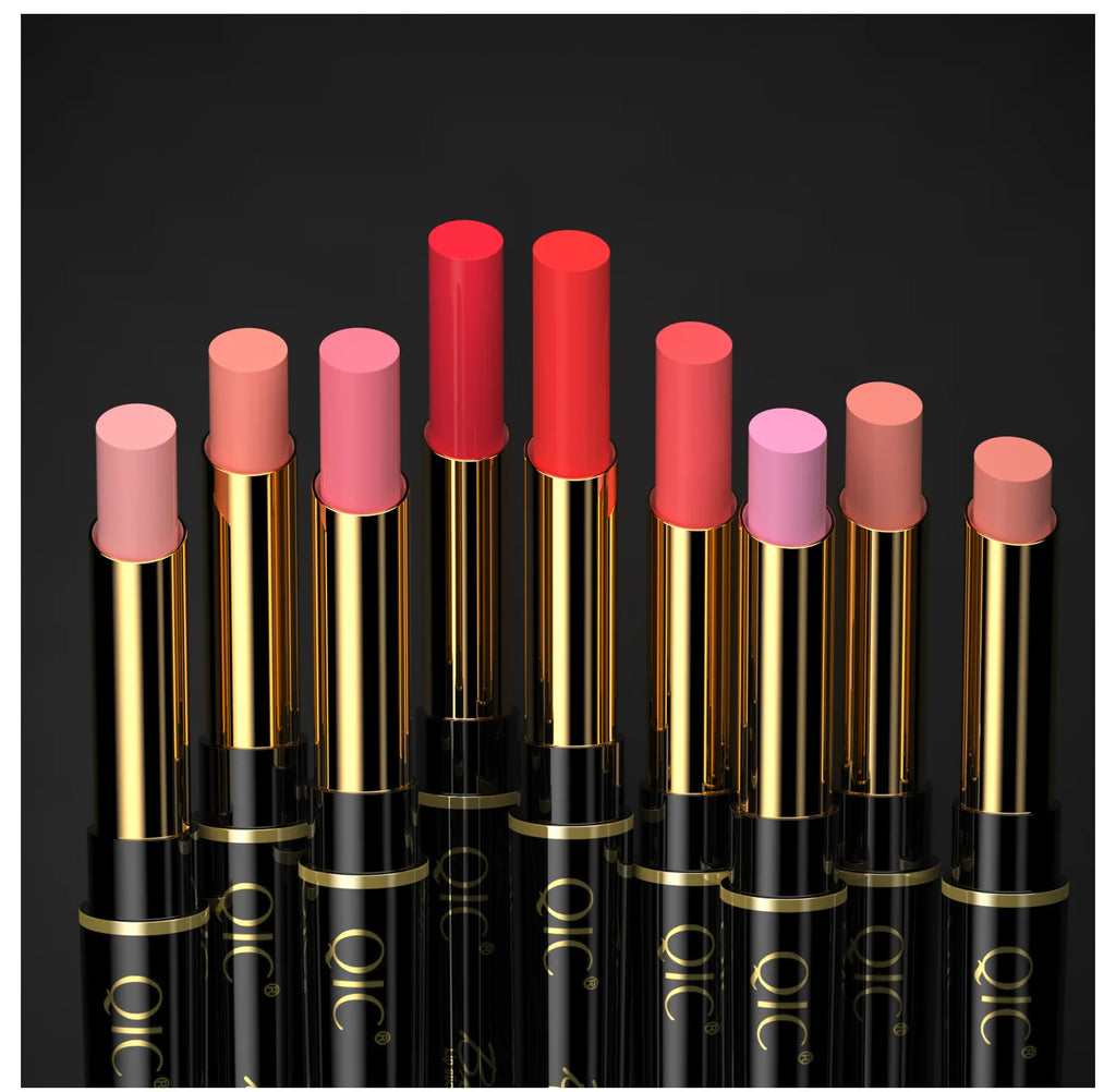 QIC 2-in-1 waterproof matte lipstick pencils in various nude and sexy red shades with a sleek gold and black casing.