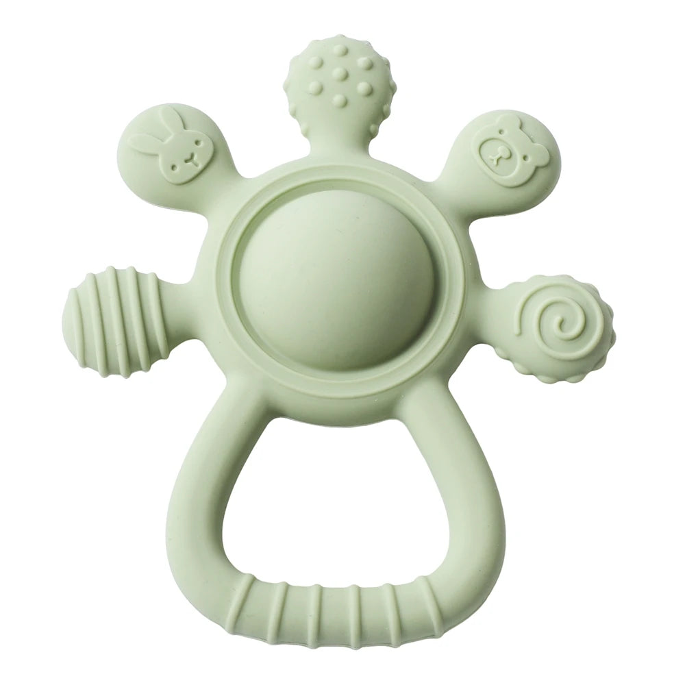 Sage green silicone baby teething toy for soothing sore gums.