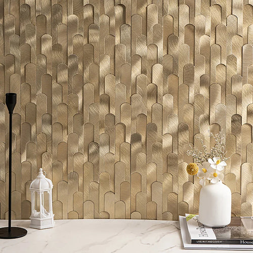 Gold-toned metal mosaic arch peel-and-stick wall tile sticker sheet pattern