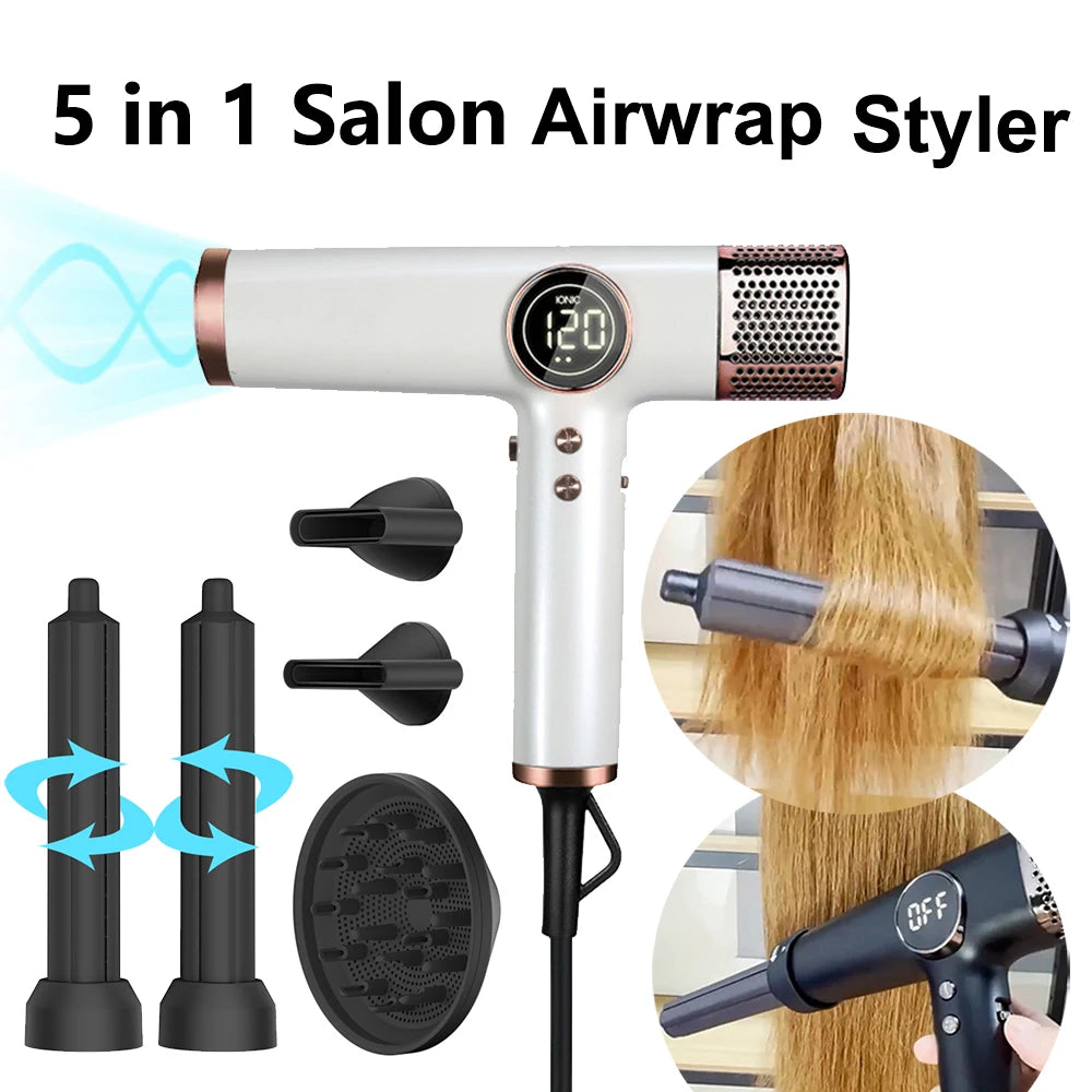 White 5-in-1 ionic hair dryer with digital display, styling attachments, and professional brushless motor technology.