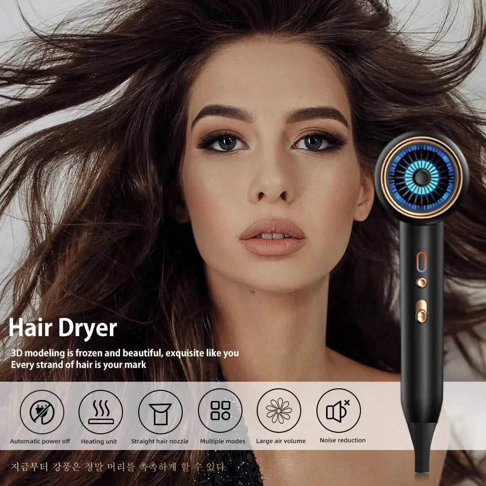 Black F33 high-speed hair dryer with blue LED turbine, gold accents, and multi-mode settings for quick, quiet drying.