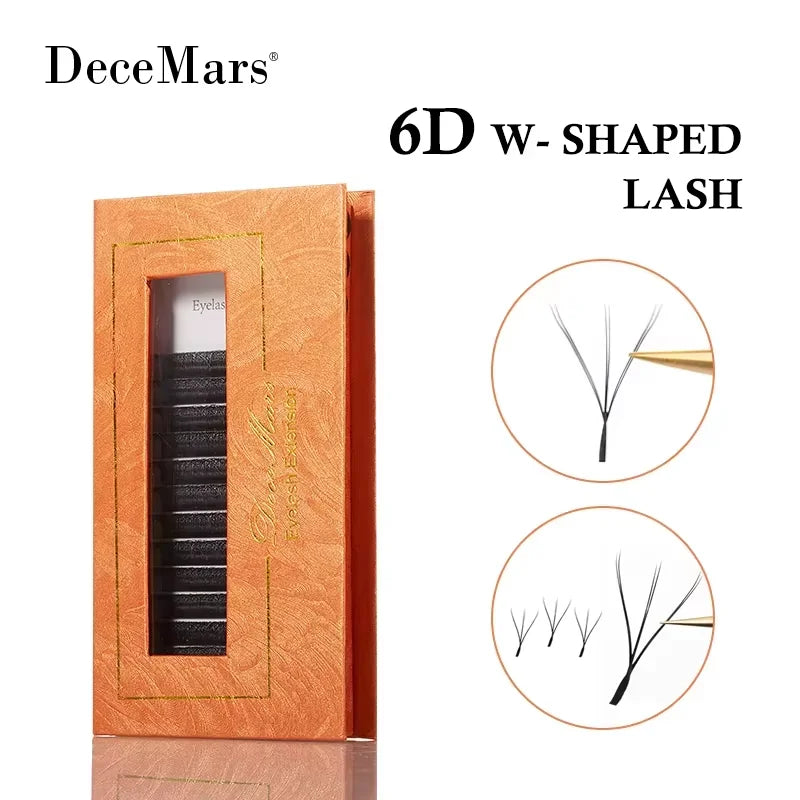 DeceMars 6D W-shaped eyelash extensions in a textured orange storage case with close-up of lash fan clusters.