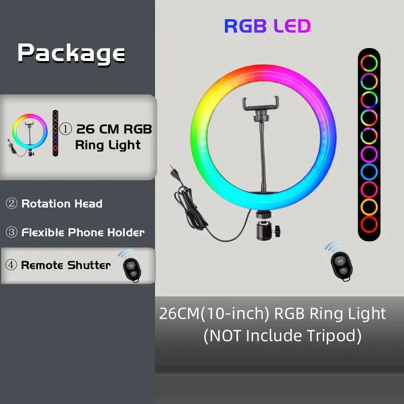 26cm RGB ring light with rotation head, flexible phone holder, and remote shutter for photography and video recording.