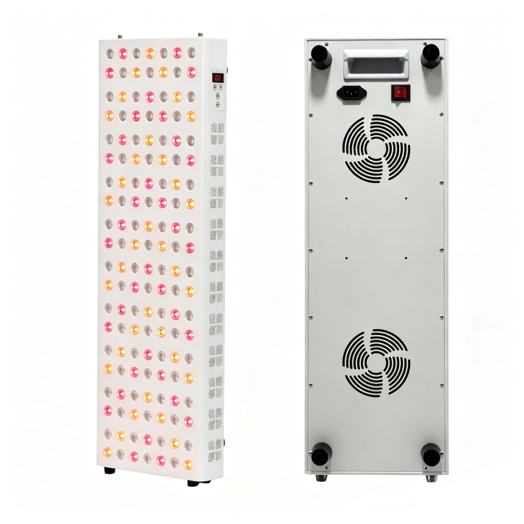 Red and infrared LED therapy panel for anti-aging and pain relief with dual cooling fans and control display.