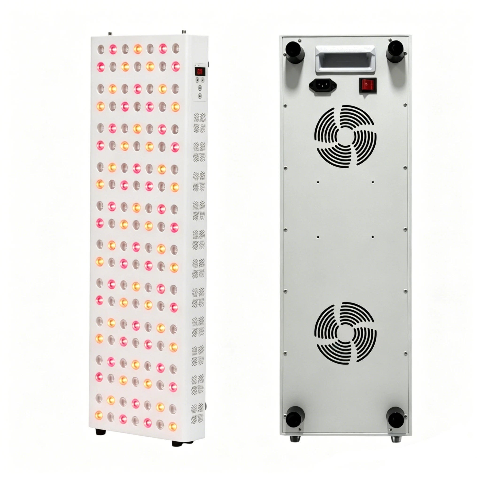Red and infrared LED therapy panel for anti-aging and pain relief with dual cooling fans and control display.