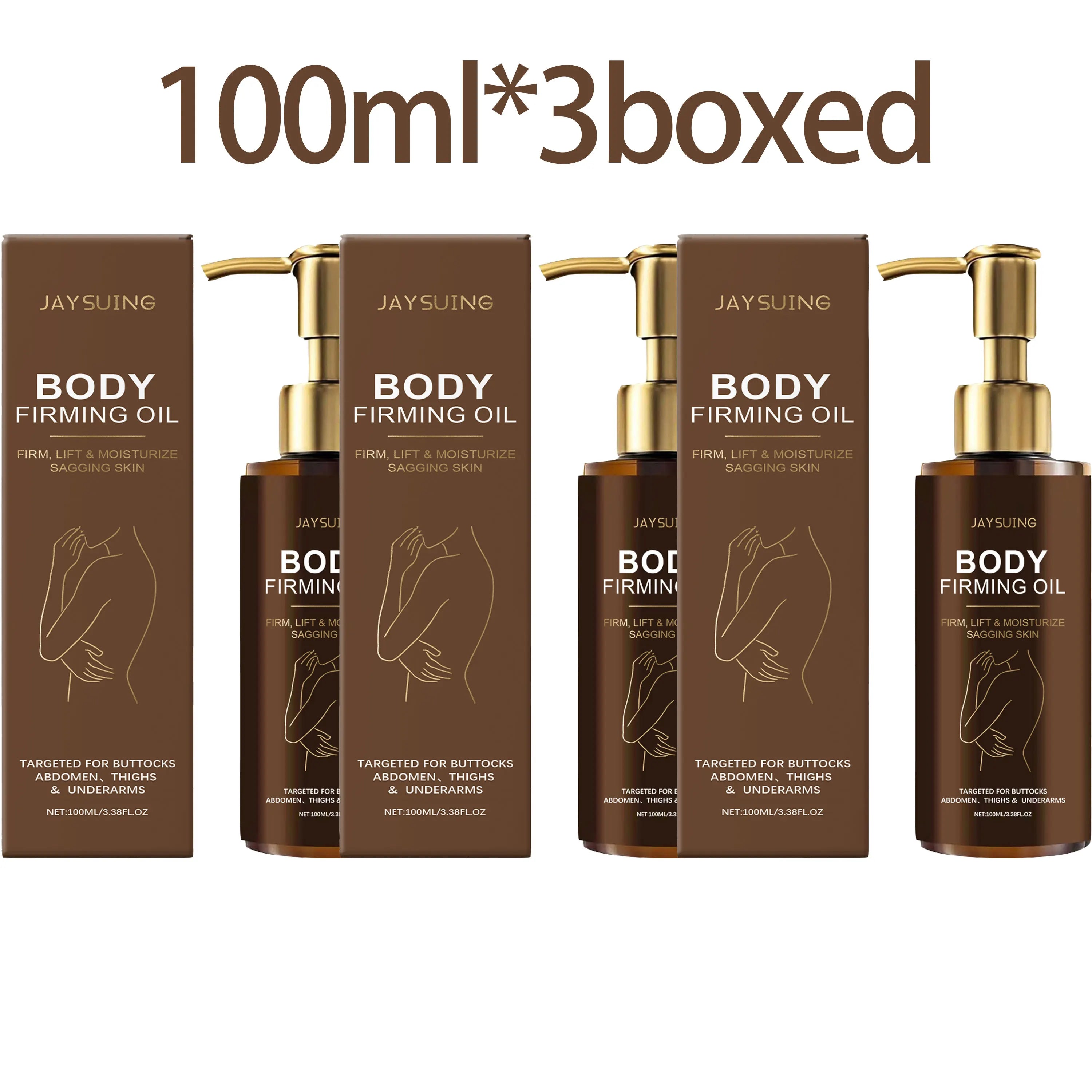 Body firming oil set with three boxes and three bottles with gold pumps