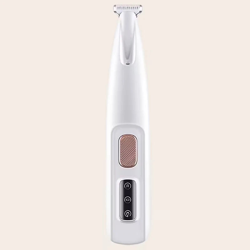 White USB electric pet hair trimmer for safe grooming of cat and dog eyes, ears, face, and paws.