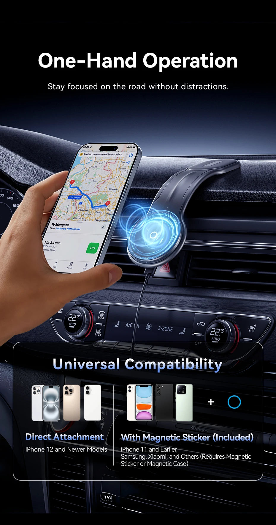 Magnetic Wireless Car Phone Charger - 15W Qi Certified Mount Tidesmit