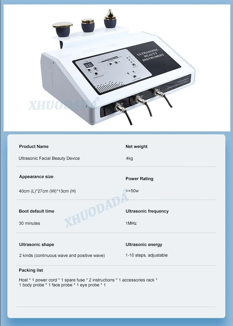 3-in-1 ultrasonic facial device with three probes for skin tightening, anti-aging, and professional beauty treatment.