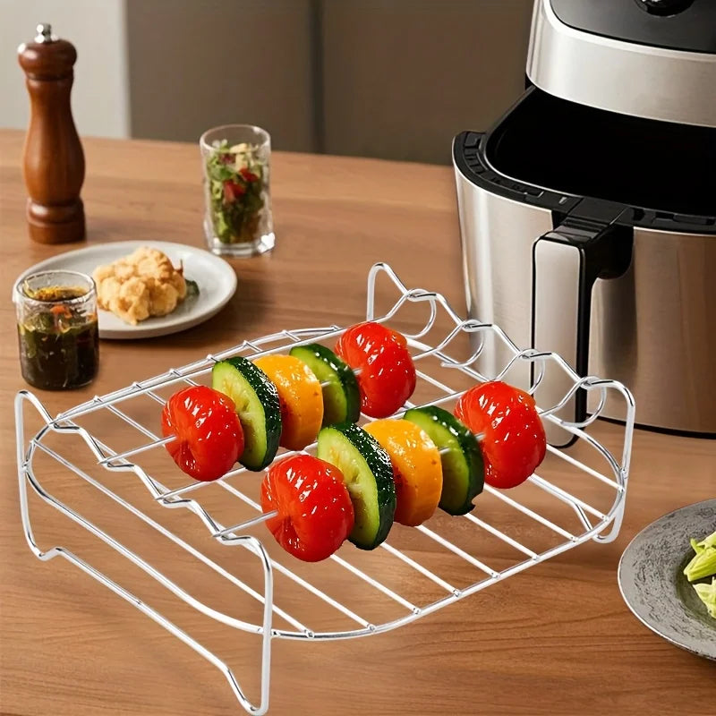 1 PC Air Fryer Rack with 4 Skewers, 1 Set Grill and Steam Rack. Suitable for baking and grilling in small ovens.